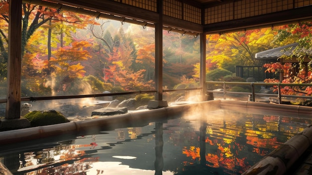 일본 시골의 가을 잎자루로 둘러싸인 조용한 온천 온센은 관광객들에게 미네랄이 풍부한 물에서 휴식을 취하고 자연 풍경을 감상할 수 있습니다.