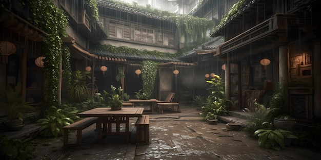 Serene houten binnenplaats voortuinbank in de regen