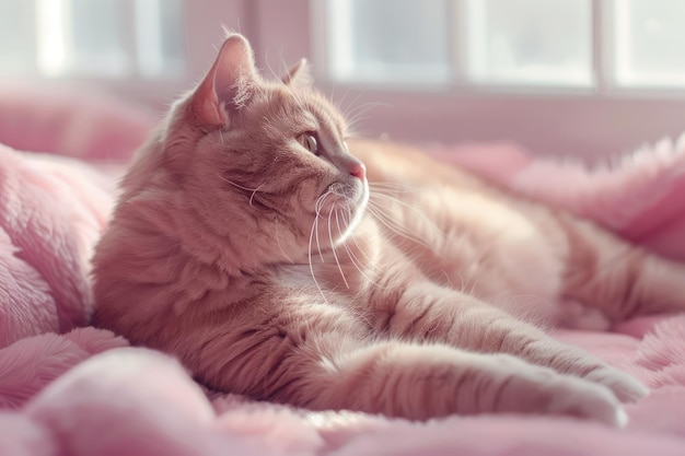 Serene huiselijke kat die op een zachte roze deken ligt in een gezellige zonneschijnde kamer vreedzame kat die zich vermaakt