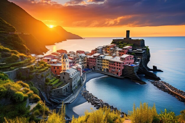 A serene and idyllic small village nestled on the peaceful shore of a tranquil body of water Vernazza village and stunning sunrise Cinque Terre Italy Europe AI Generated