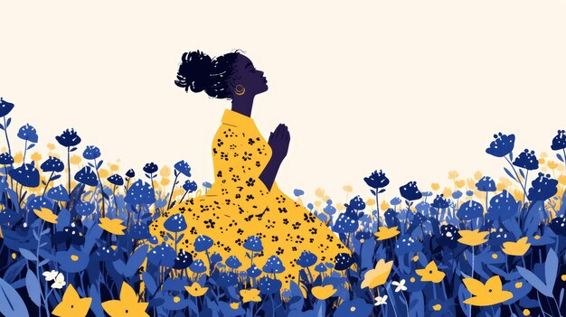 Photo serene illustration of a black woman admiring bluebells generative ai