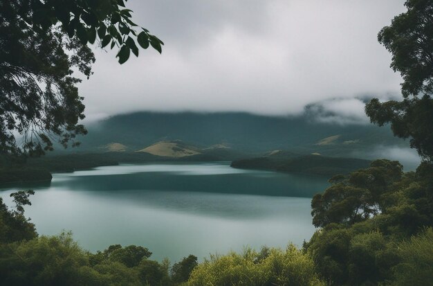Спокойная иллюстрация озера Гуатавита, окруженного туманными горами и глубокой зеленой растительностью.