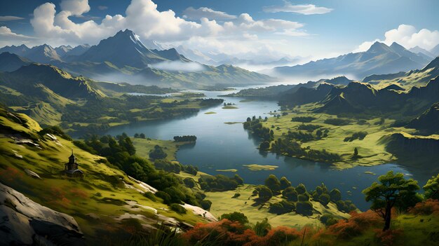 A serene illustration of the Guatavita Lake surrounded by misty mountains and deep green vegetation