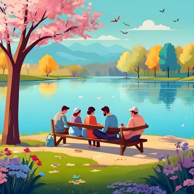 Спокойная иллюстрация людей, сидящих на озере и наслаждающихся природой в пасхальный понедельник.