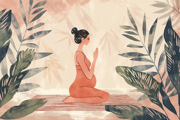 A serene illustration of a pregnant woman in a yoga pose surrounded by lush foliage