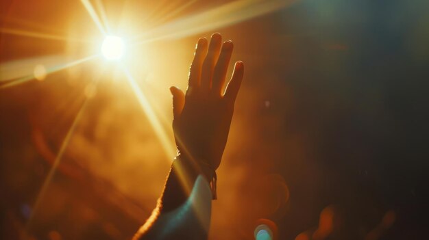 Serene image capturing a moment of christian worship featuring a raised hand in soft focus