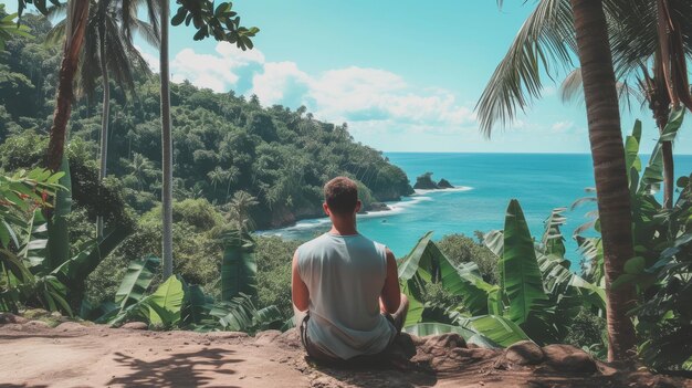 Serene image of a man sitting in meditation overlooking a tranquil blue sea surrounded by tropical foliage