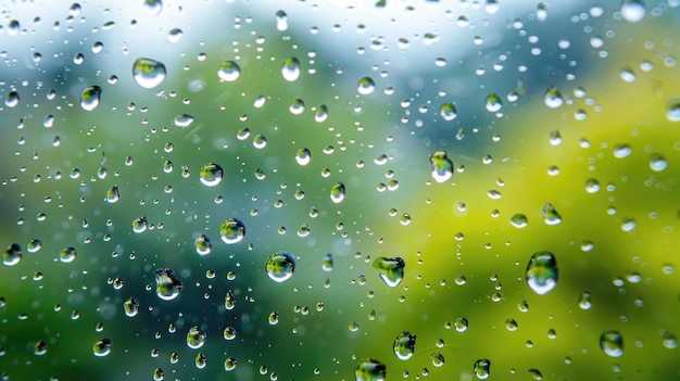 Serene image of rain droplets on window glass set against a soothing blurred background