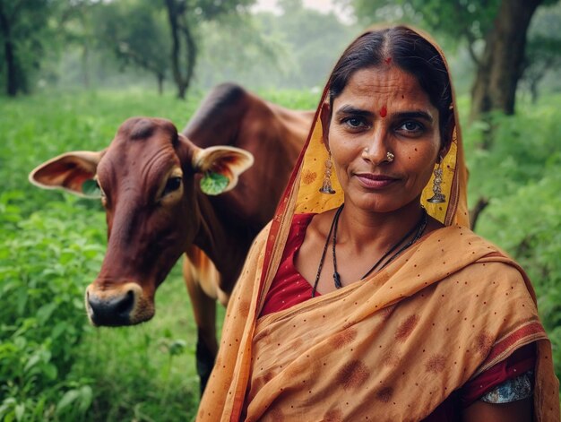 写真 田舎の風景で牛と一緒に静かなインド人女性