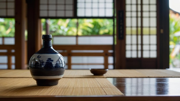 a serene indoor scene of a ceramic sake set with tokkuri and ochoko