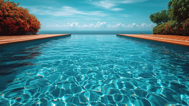 Photo serene infinity pool bordered by vibrant flora overlooks the ocean perfect for luxury travel themes