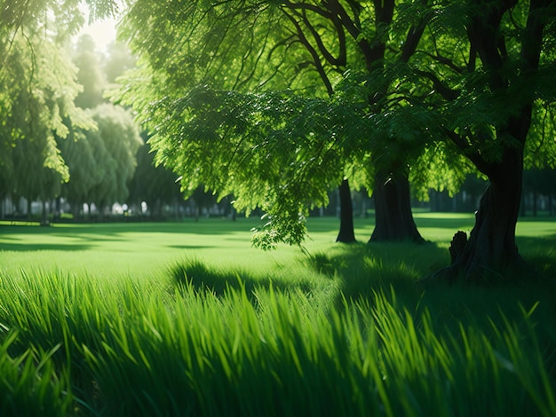 A serene and inviting scene showcasing lush green grass and vibrant woods in a park