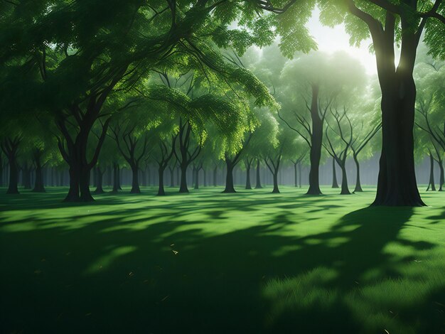 A serene and inviting scene showcasing lush green grass and vibrant woods in a park