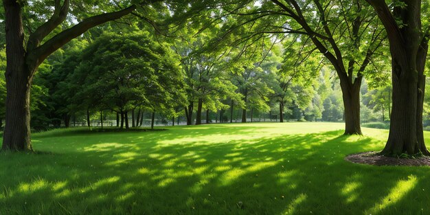 A serene and inviting scene showcasing lush green grass and vibrant woods in a park