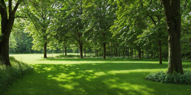 A serene and inviting scene showcasing lush green grass and vibrant woods in a park