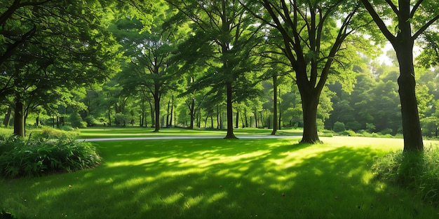 A serene and inviting scene showcasing lush green grass and vibrant woods in a park