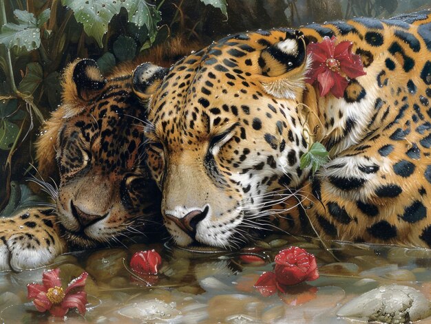 Serene Jaguar Resting Among Lush Jungle Foliage with Vibrant Red Flowers by Calm Water