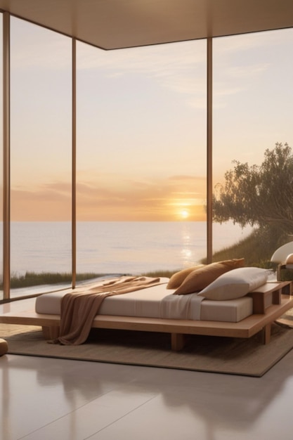 Спокойный дом в стиле Жапанди с видом на океан, закат, органические материалы, прибрежный ландшафт