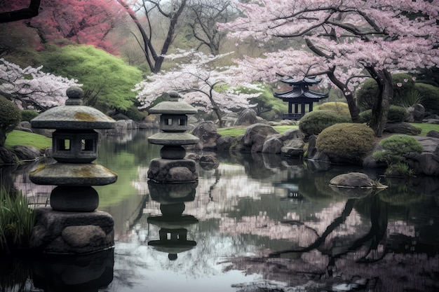 Serene Japanese Garden Blossoming Cherry Trees Tranquil Pond Stone Lanterns Generative AI