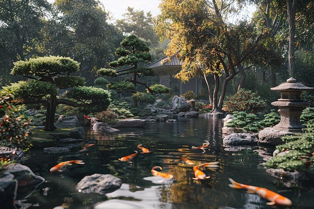 A serene Japanese garden with bonsai trees and koi