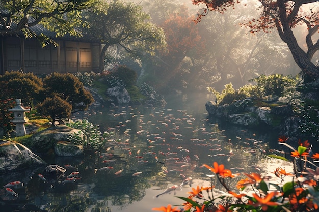 Photo a serene japanese garden with a koi pond