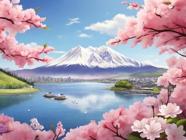 A serene Japanese mountain landscape in spring