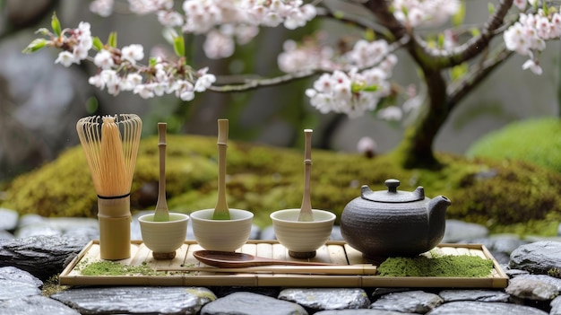 Photo serene japanese tea garden with matcha and cherry blossoms