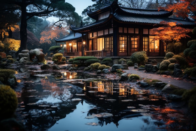 Serene Japanse tempeltuin onder de maan Generatieve AI