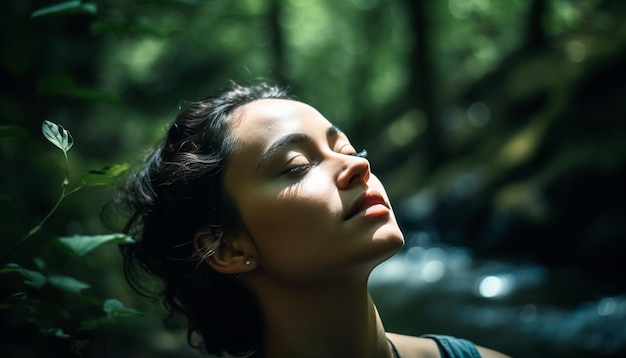 Serene jonge vrouw geniet van een rustige zomerdag in bosschoonheid gegenereerd door kunstmatige intelligentie