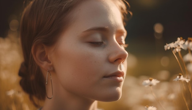 Serene jonge vrouwen genieten van een rustige natuurweide gegenereerd door AI