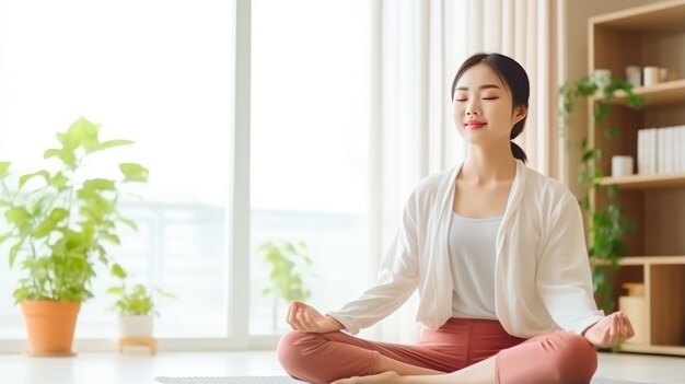 The Serene Journey Asian Woman Embraces Inner Peace with King Pigeon Pose in Home Yoga Practice A