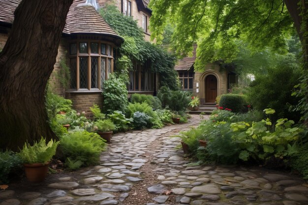 Photo serene journey discovering the stony path to a charming hampstead home