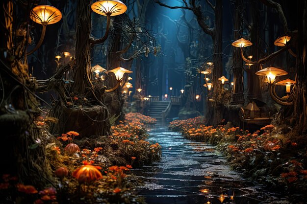 Photo a serene journey through a mystical forest illuminated by magical lights