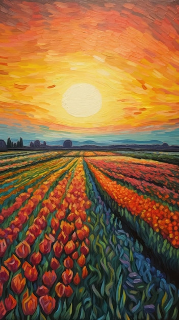 Serene Joyful Sunrise Over Vibrant Tulip Fields in Oil Painting Style