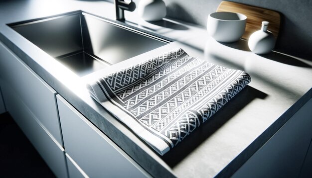 Foto serene keuken stilleven met geometrische patroon handdoek