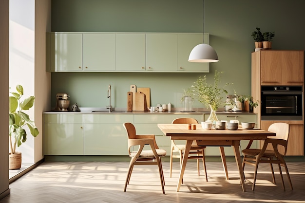 Serene Kitchen Oasis Sage Green Wall Wooden Accents in Soft Natural Light