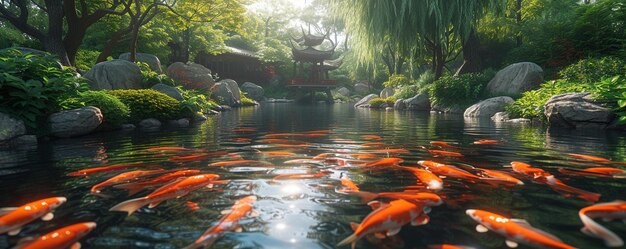 Foto un sereno stagno di koi in un giardino giapponese