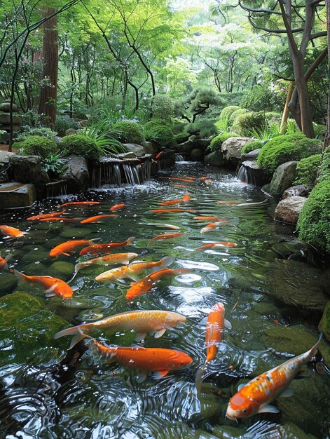 Photo serene koi pond with vibrant fish