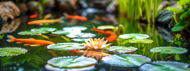 Serene koi pond with water lily