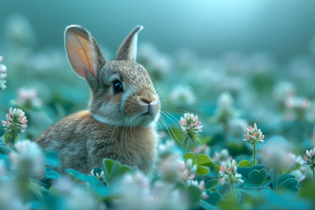 Serene konijn te midden van bloeiende voorjaarsbloemen in mystiek licht