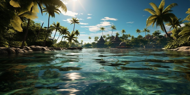 A Serene Lagoon Surrounded By Palm Trees Ar Wallpaper