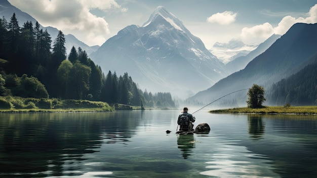 Serene lake an angler employs a fishing rod and reel combo to cast their bait with precision The rhythmic motion of casting is followed by the exhilarating reelin Generated by AI