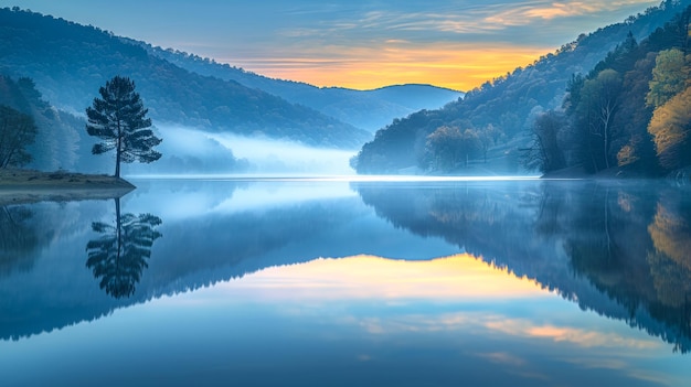 A serene lake at dawn surrounded by mountains with reflections of pastel skies