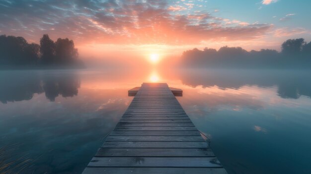 Foto serene lake dock omringd door mist bij zonsopgang roept rust en sereniteit op copy space