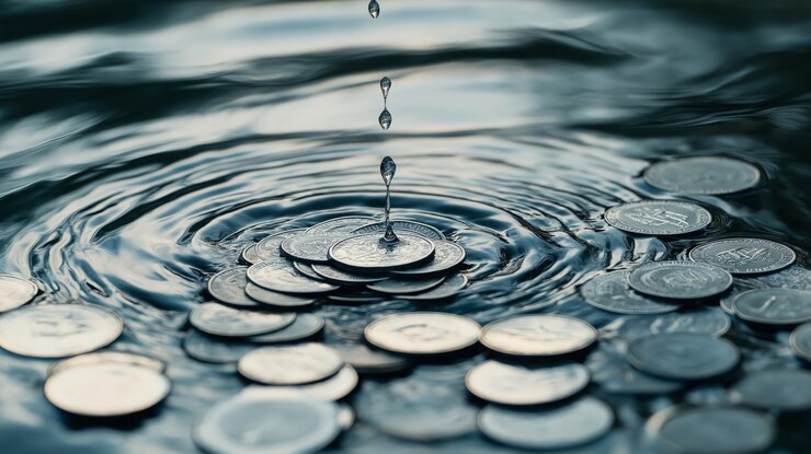 Photo serene lake made of silver coins with a single drop of water causing ripples