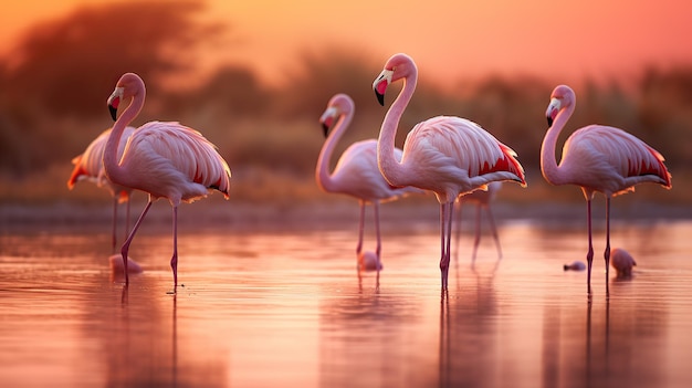 The serene lake mirrors the pink hues of the flamingos wading under the golden sunrise