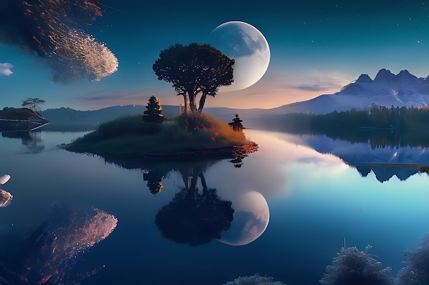 Serene lake mirrors a twilight sky filled with floating islands