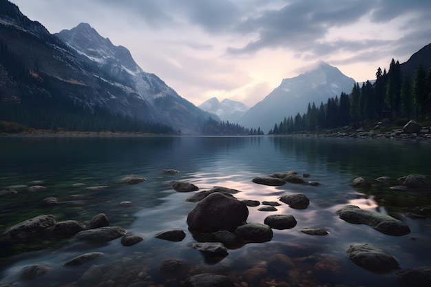 A serene lake nestled among majestic mountains under a dramatic cloudy sky