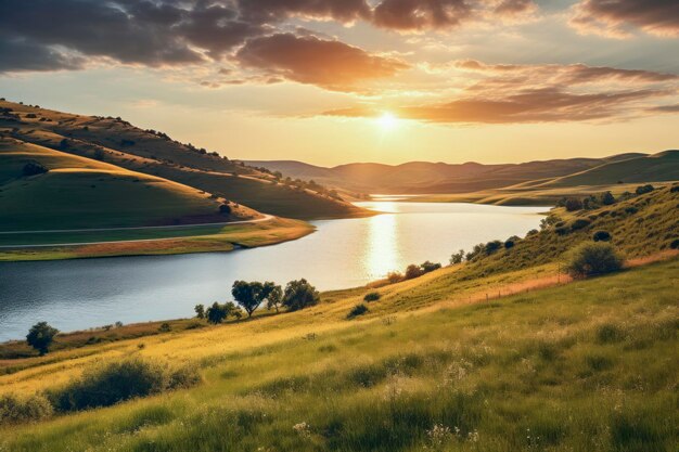 A serene lake nestled between rolling hills with the soft glow of the setting sun