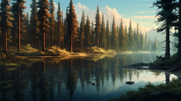 高い木々に囲まれた静かな湖
